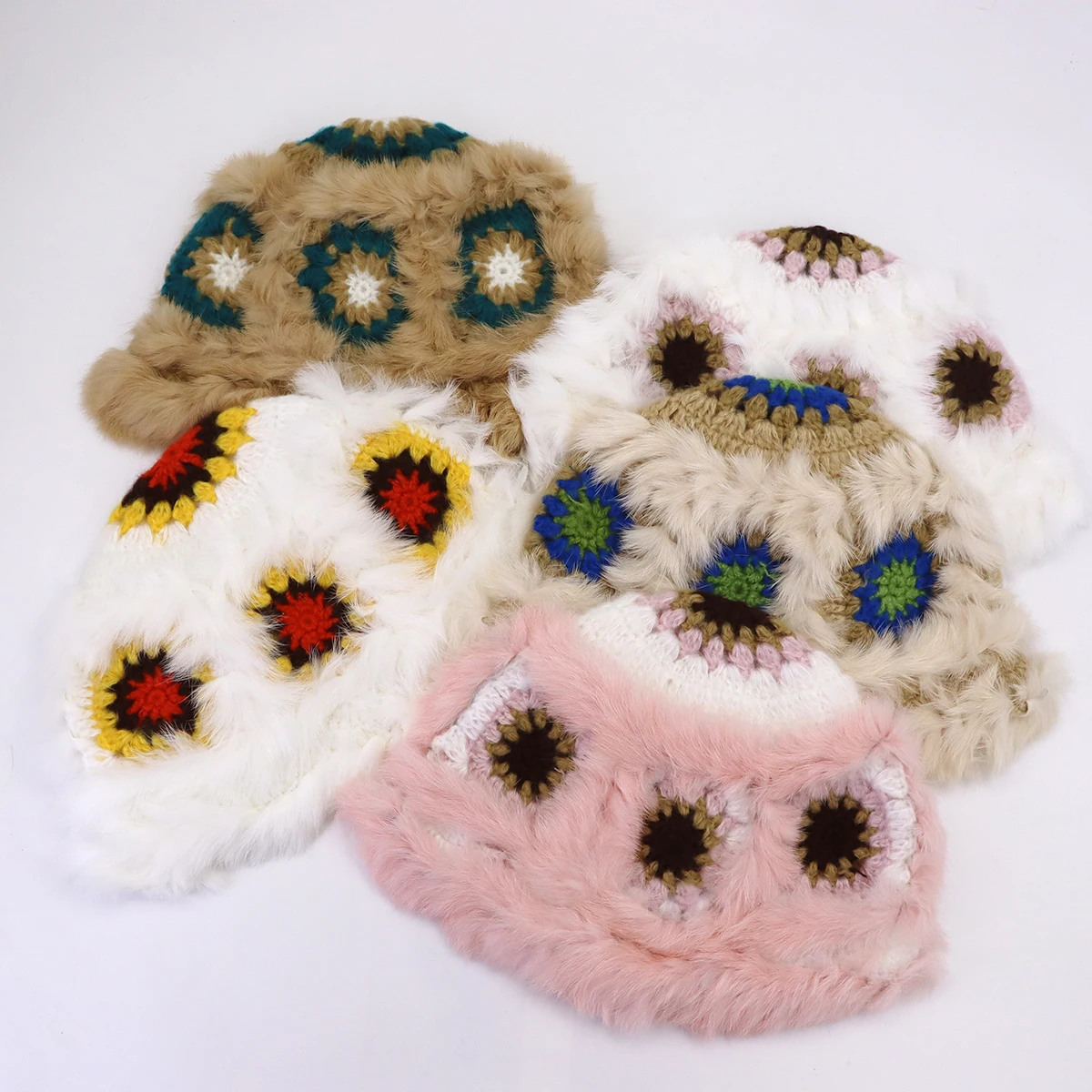 Wholesale Plush Rabbit Fur Knit Hat Caps Winter Fuzzy Real Fur Floppy Hand Made Crochet Bucket Hats