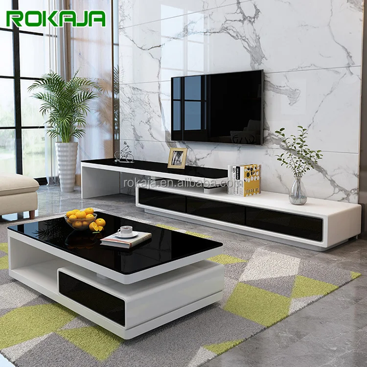 Adjustable Width Can Be Stretched TV Stand Cabinet Luxury Modern Glass Coffee Table Combination White Storage Drawer