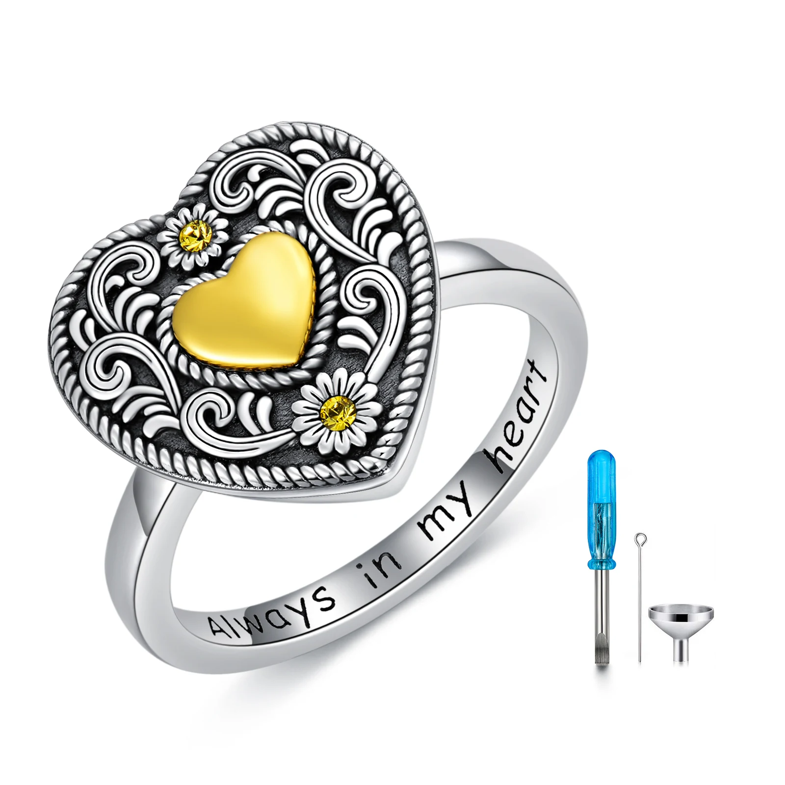 Memorial Jewelry For Women 925 Sterling Silver Always In My Heart Ring Sunflower Heart Urn Rings