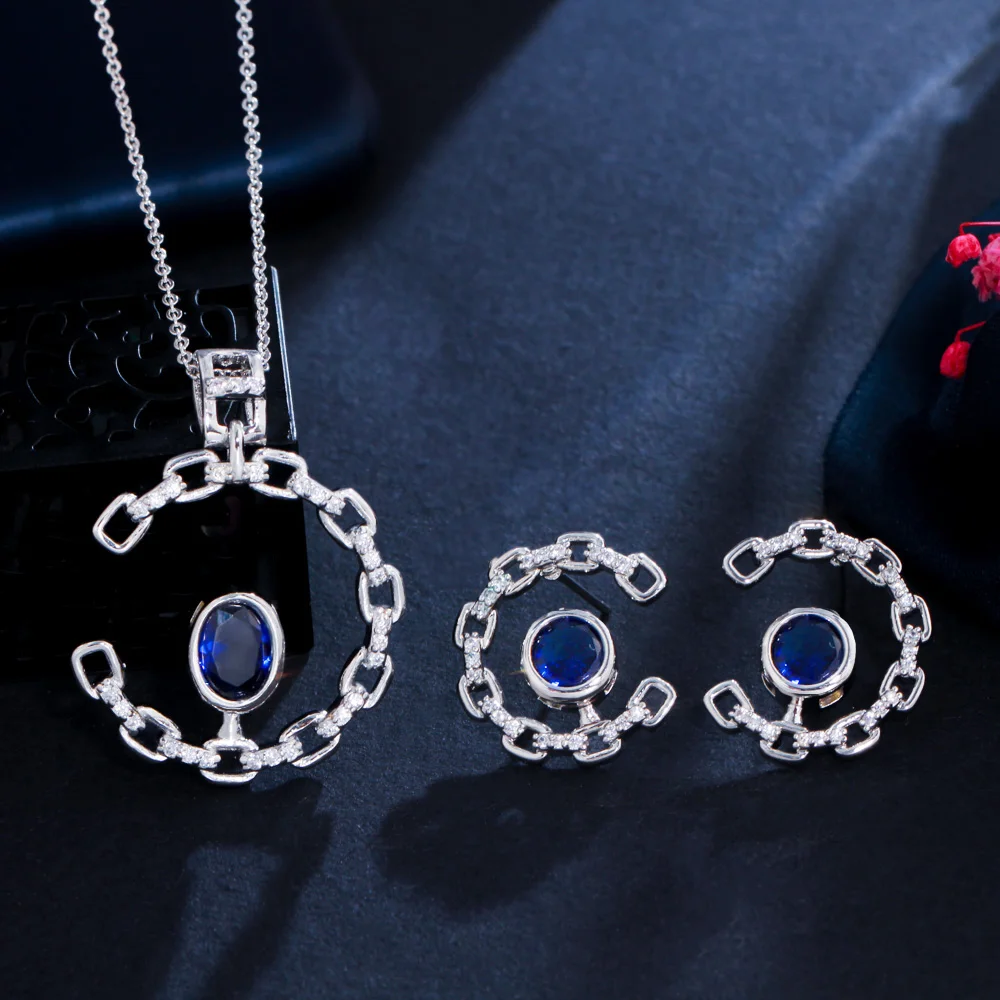 8 Colors Fashion Jewelry Sets Black CZ Crystal Half Round Circle Moon Cuban Chain Link Women Earrings and Necklace Memorial Day