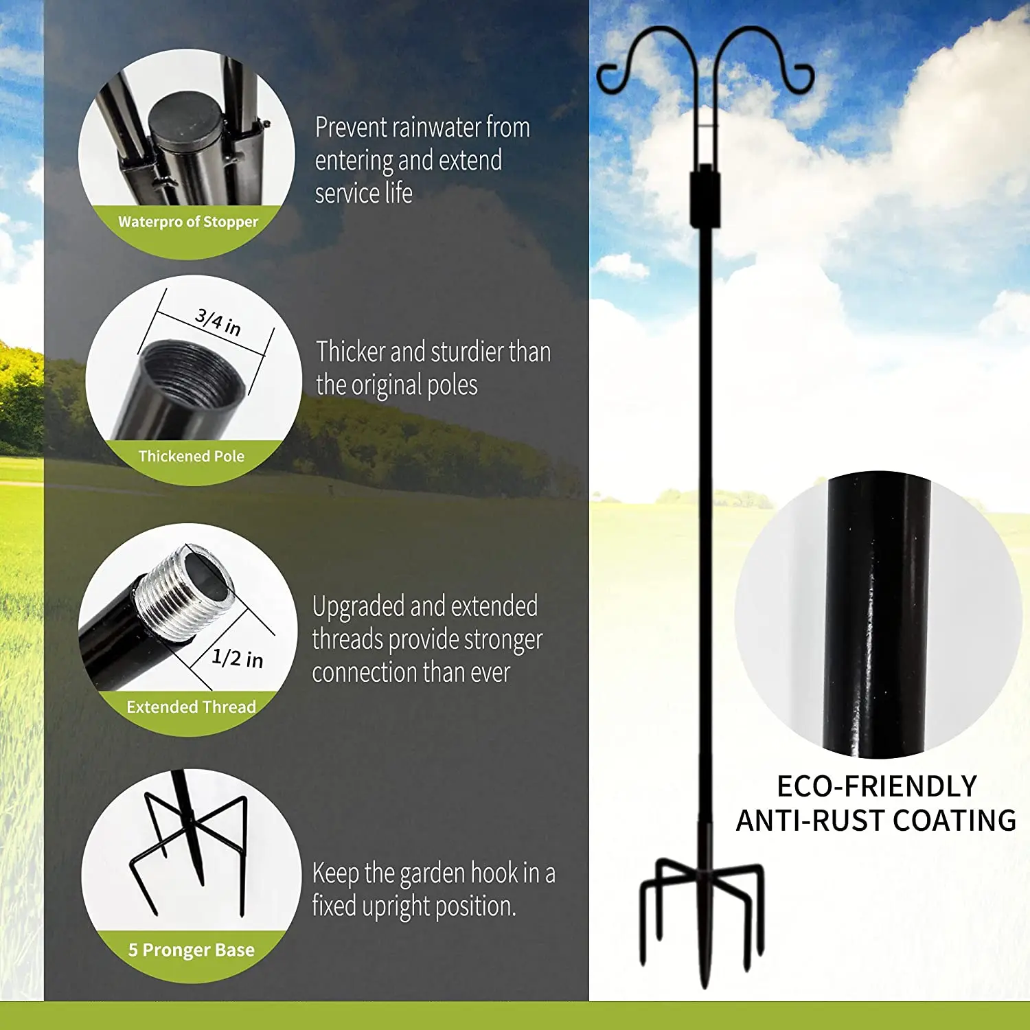 92 Inch Heavy Duty Double Sided Shepherds Hooks for Outdoor Garden Pole for Hanging Bird Feeder Plant Baskets with 5 Base Prongs