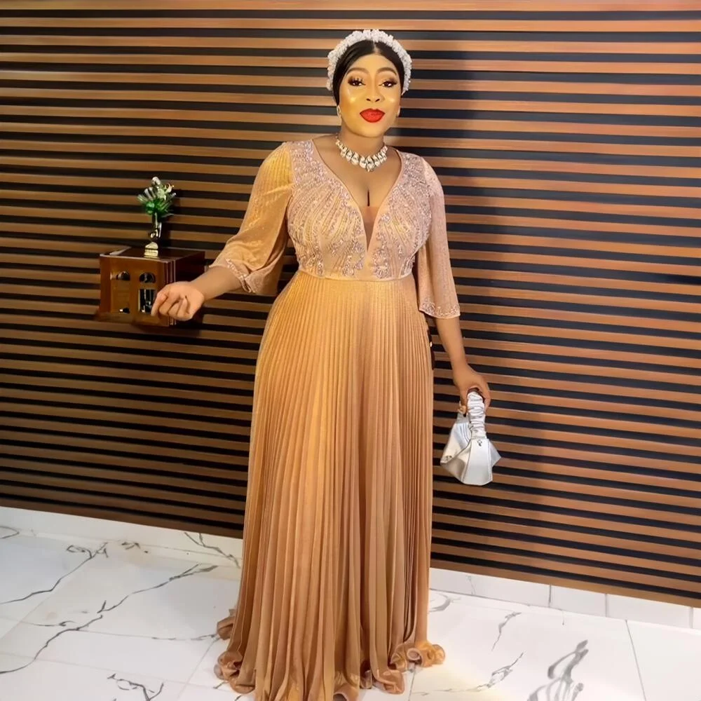 New Design Woman Dresses New Arrivals 2023 pleat gold dust Women Plus Size Dresses rhinestone Women Long Dresses