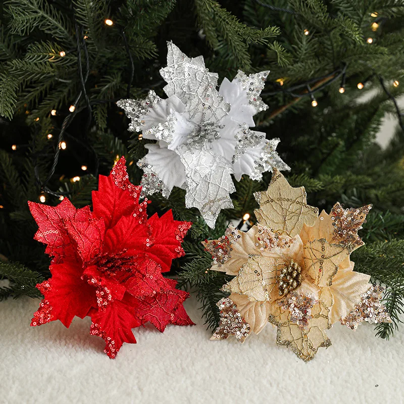 Sequin Christmas Artificial Flower 20cm Red Christmas Flowers Poinsettia Flower Christmas Artificial