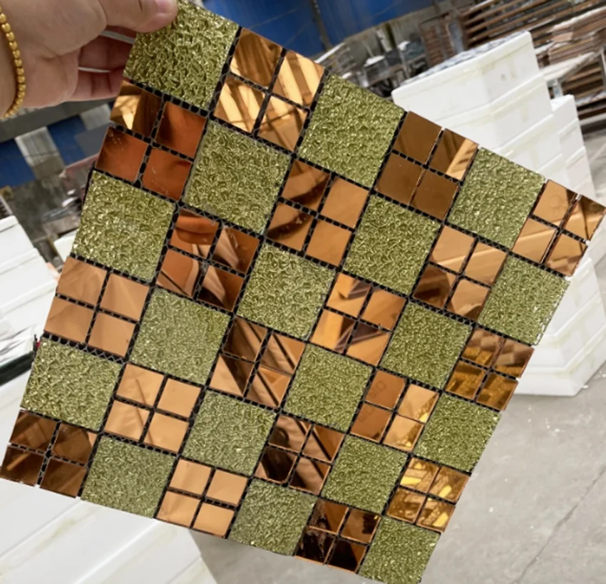 Gold color copper color glass mosaic wall sticker Aluminum foam wallpaper panel waterproof easy install interior decor tiles