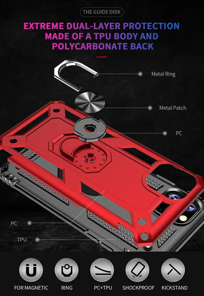 
Military Protective Armor Phone Cover for iPhone 11 Pro Max, TPU PC Magnet Phone Case with Rotating Ring Holder 