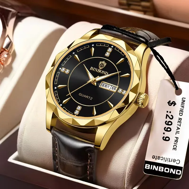 Binbond 5552 B5552 Japan Quartz Movement Golden Watch Clock Reloj Hombre Top Brand Luxury Stainless Steel Strap Date Week Watch