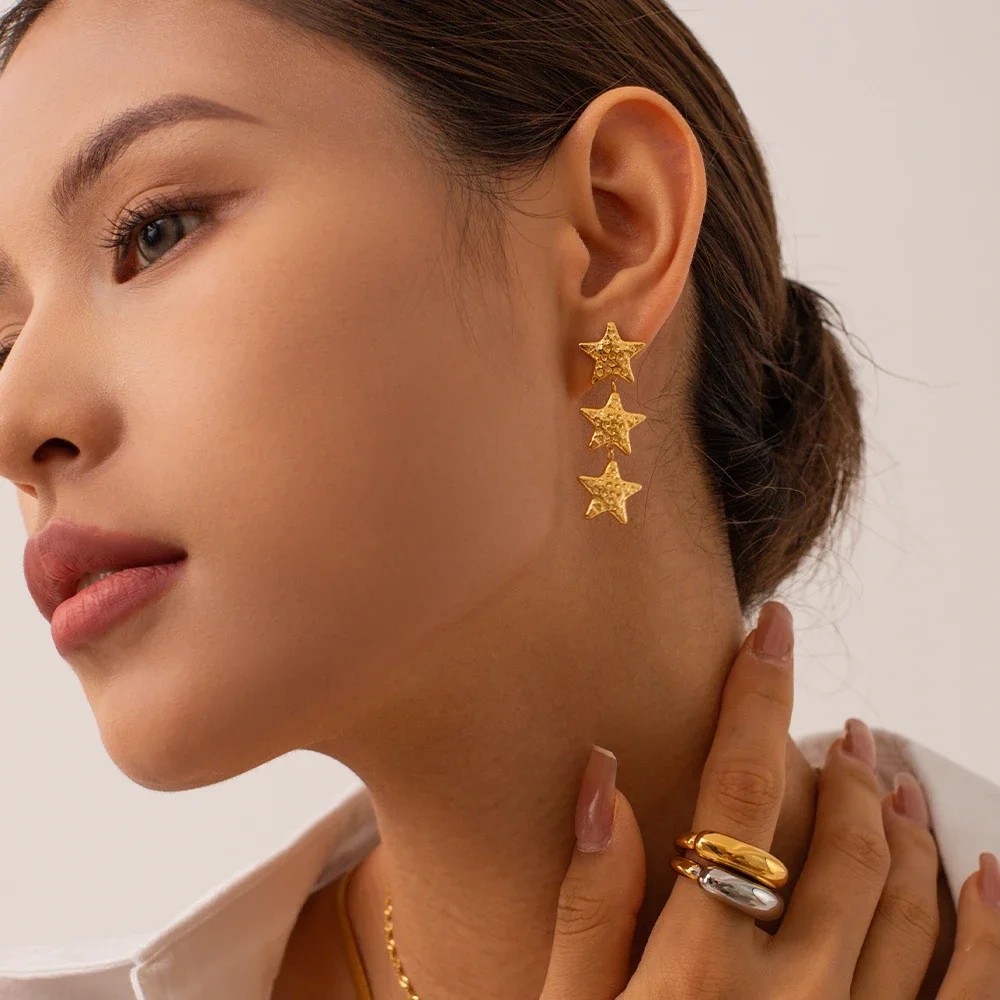 New Arrival 18K Gold Plated Stainless Steel Star Earrings Women Beautiful Style Waterproof Texture Bump Three Stars Drop