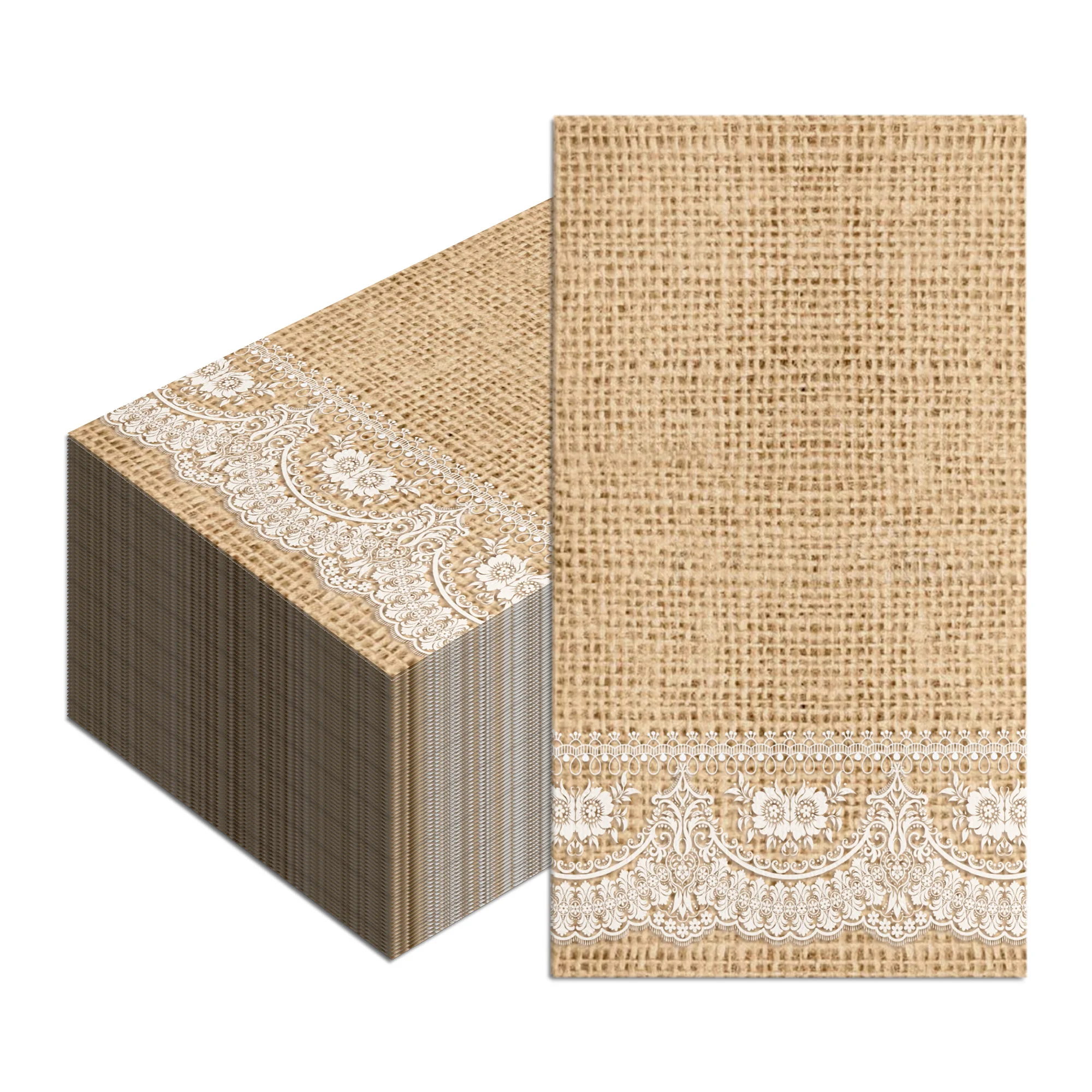 Huancai Burlap Printed Guest Napkins Brown White Lace Disposable Paper Dinner Napkin Bathroom Hand Towels for Party Supplies
