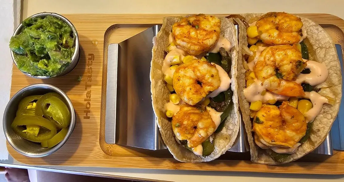 3-in-1 Taco Holder Kit Set Stainless Steel Shell Stand Bamboo Serving Tray with Sauce Cup