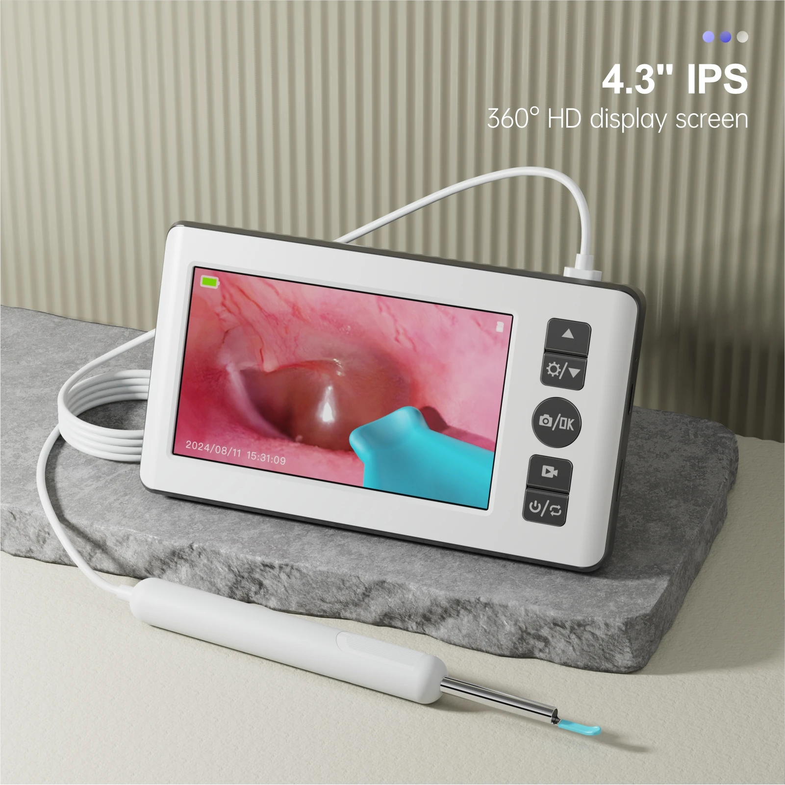 OEM wholesale high quality smart ear wax removal camera digital otoscope 6 LED lights ear cleaning camera 4.3 inch IPS screen