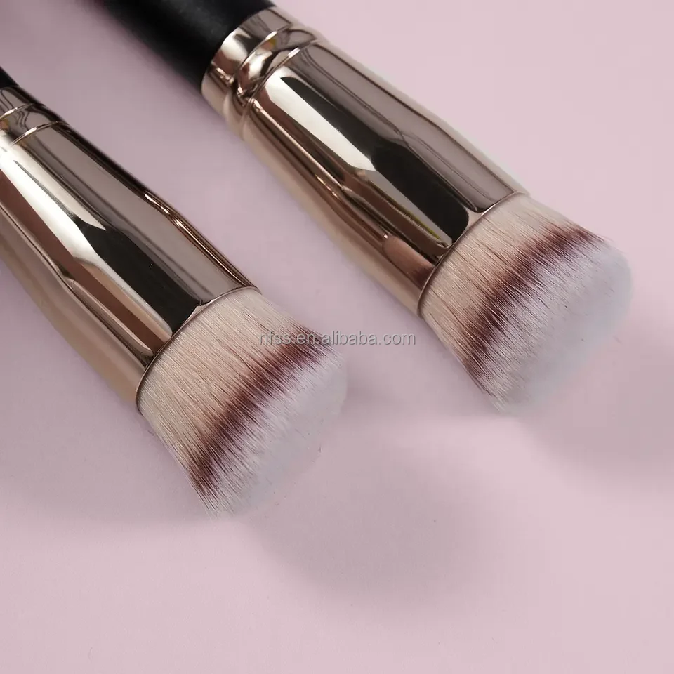 Valentines Wide Neck Curved Siren Gray Synthetic Bristle Vegan 3 Piece Kabuki Foundation Makeup Brush Set With Logo On Ferrule