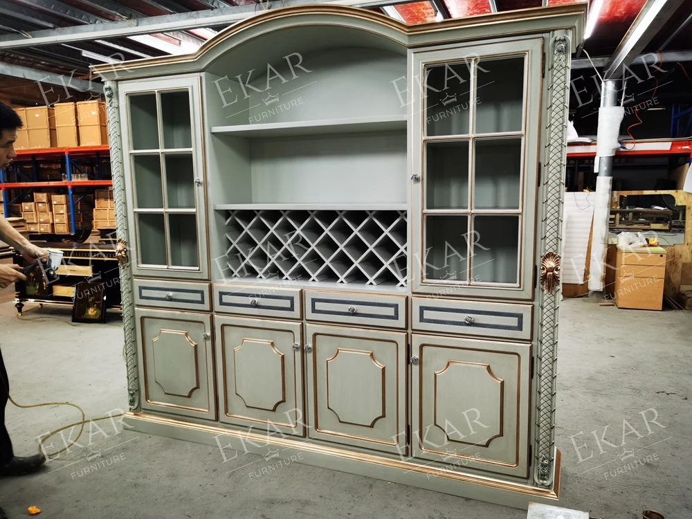 Carved solid wood living room furniture bookcase display cabinet with glass