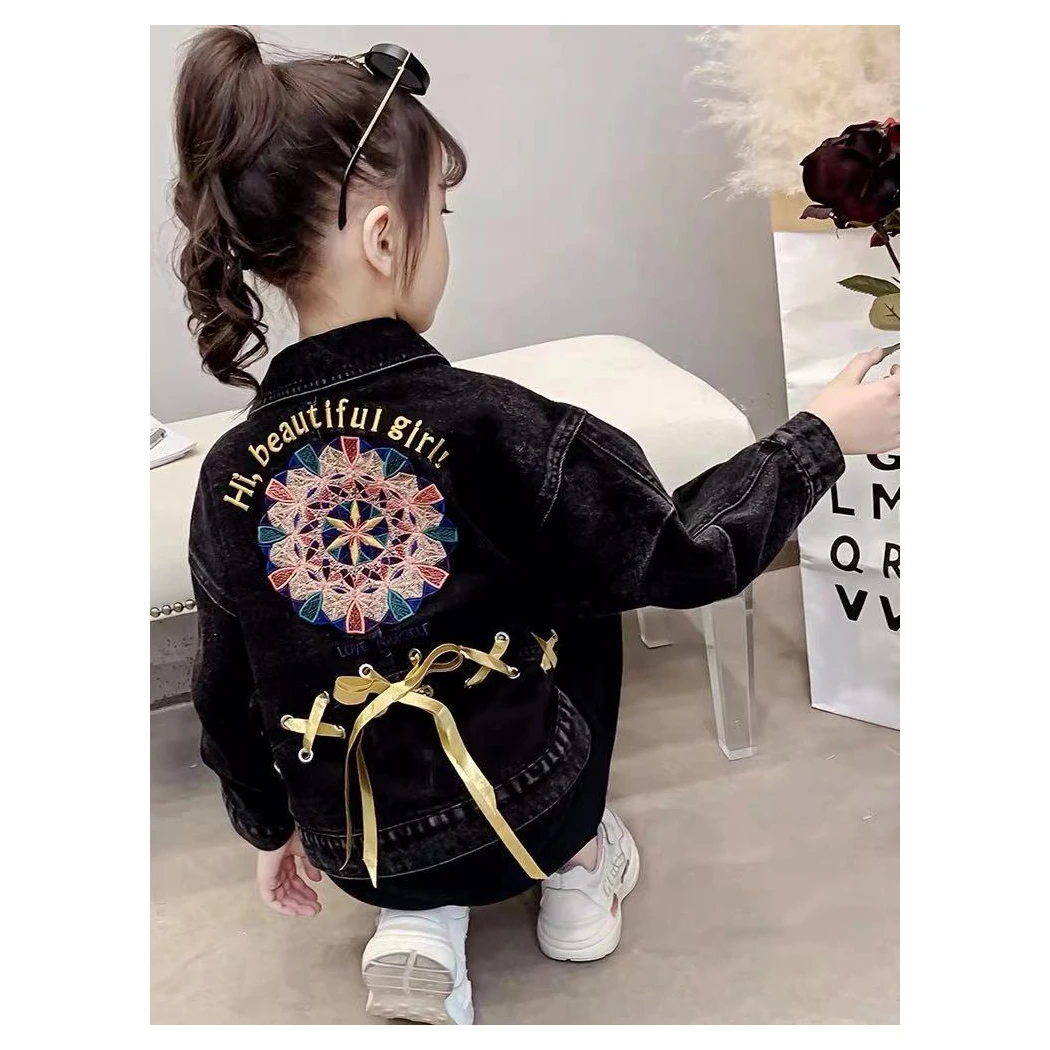 
Fashionable denim jacket with floral embroidery stitching Slightly stretchy soft denim girl jacket Girls denim jacket 