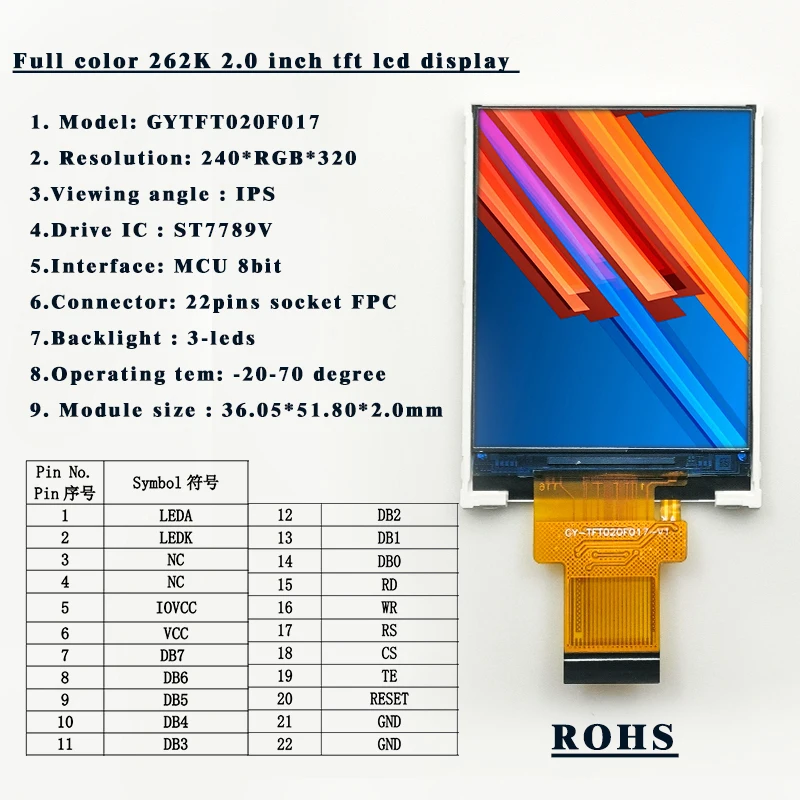 Genyu 2.0/IPS/240*320 LCD 22 pin LCD Screen ST7789V MCU 8Bit Small Size TFT 2.0 Inch TFT LCD Display