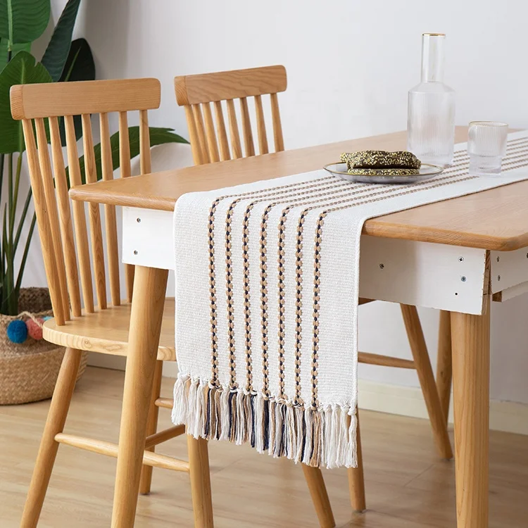 
2020 New launch two sides available striped cotton woven nordic home farmhouse dining table runner decor for sale 