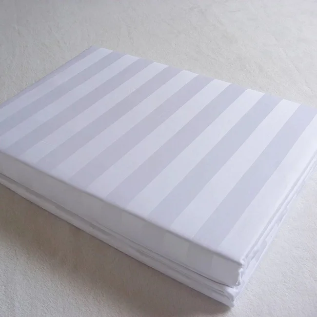 40S 3cm stripe bleached white 100% cotton queen size bed sheet set