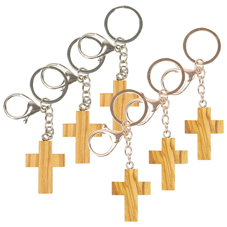 Olive Wood Cross Charm Keychain Retro  Metal Key Cross Keychain Wood Fashion Key  Ring Pendant for Purse Handbags Accessories