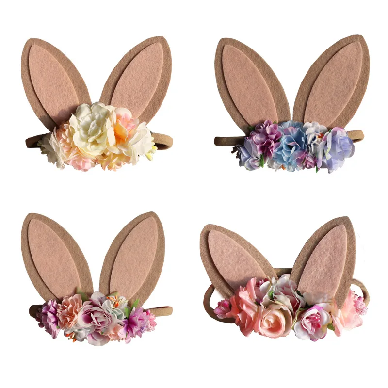 Felt rabbit ear photography nylon baby headband bunny ear flower Hairband kids hair tie