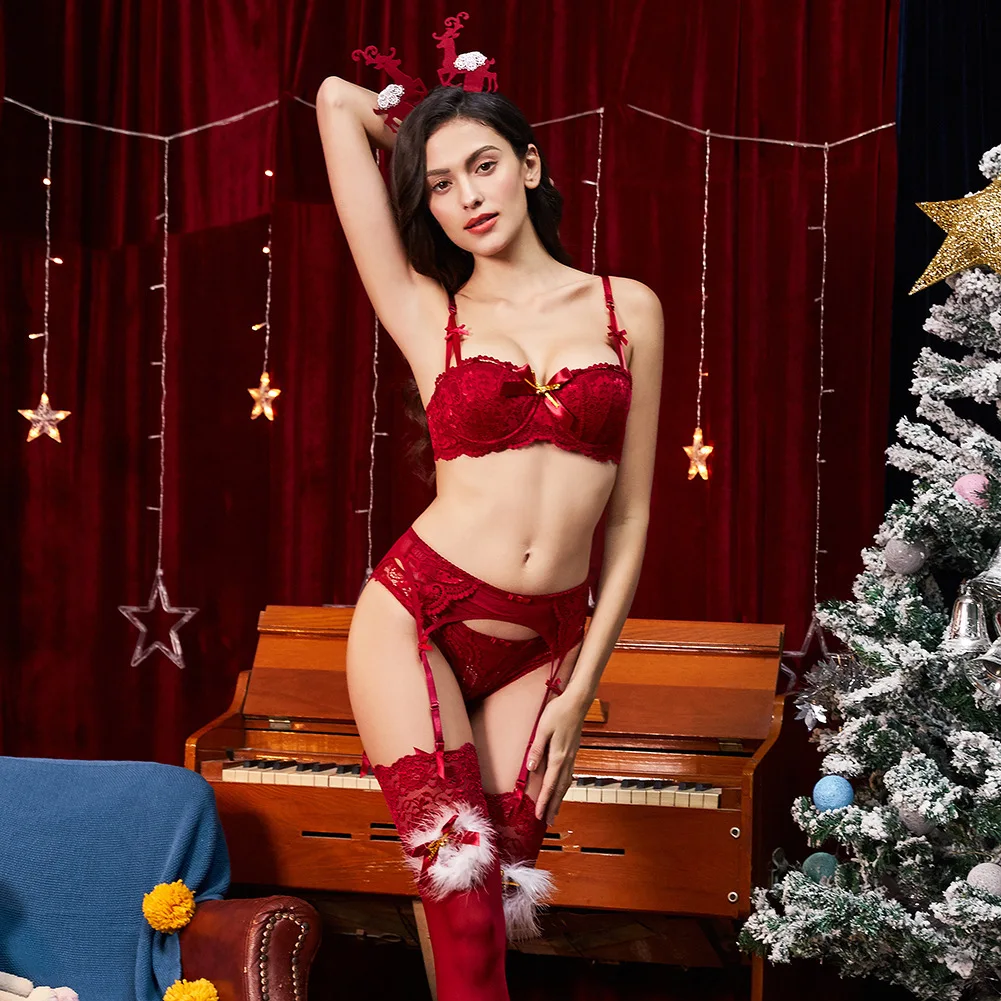 Christmas Underwear Ladies Christmas Red Half Cup Bra Set Native life Red dress up 4 pieces set