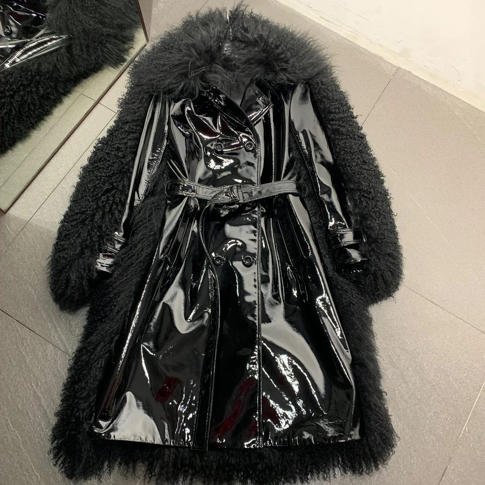 Fashion design sheep fur coat long leather coats with button 2024 black patent fur jacket