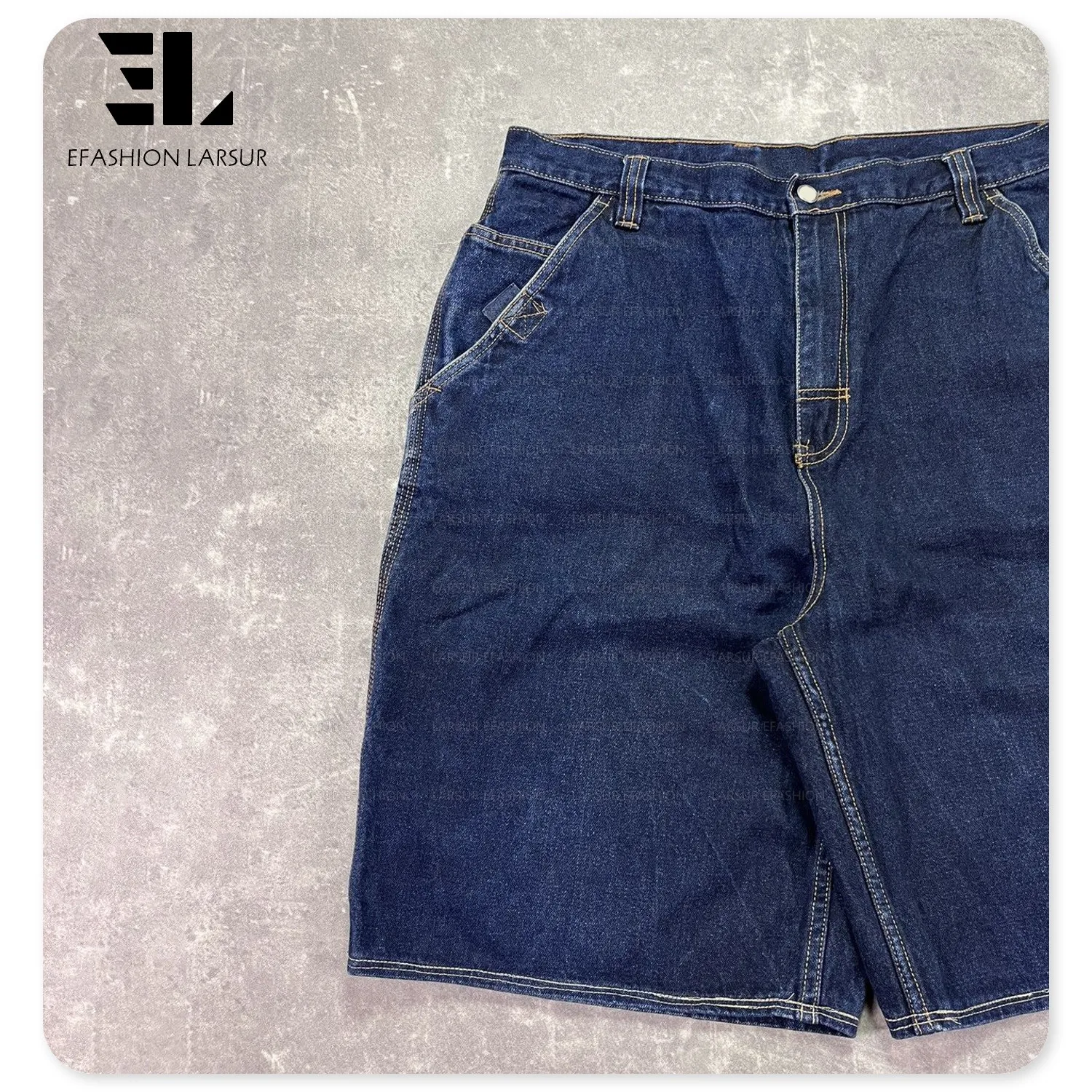 LARSUR Custom Factory Distress Wash Patchwork Carpenter Shorts Denim Duck Canvas Twill Jeans Baggy Skate Work Cargo Jorts