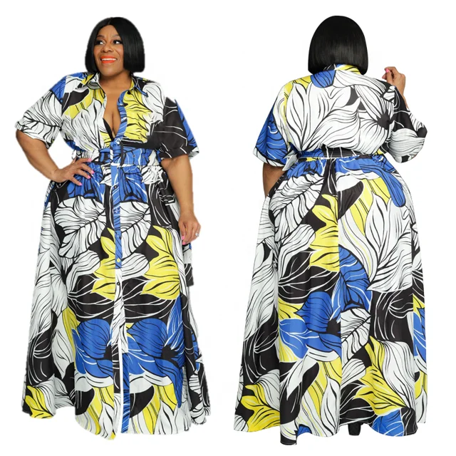 New Arrival Color Print Casual Cape Ladies Long Cardigan Short Sleeve Long Shirt Maxi Dress Plus Size Women Dress with Belt