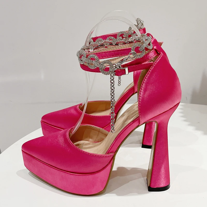 Chunky Heels Silk Pointed Toe 2022 Platform Pumps Solid High Heels Crystal Ankle Strap Buckle Wedding Party 35-42 Women Shoes