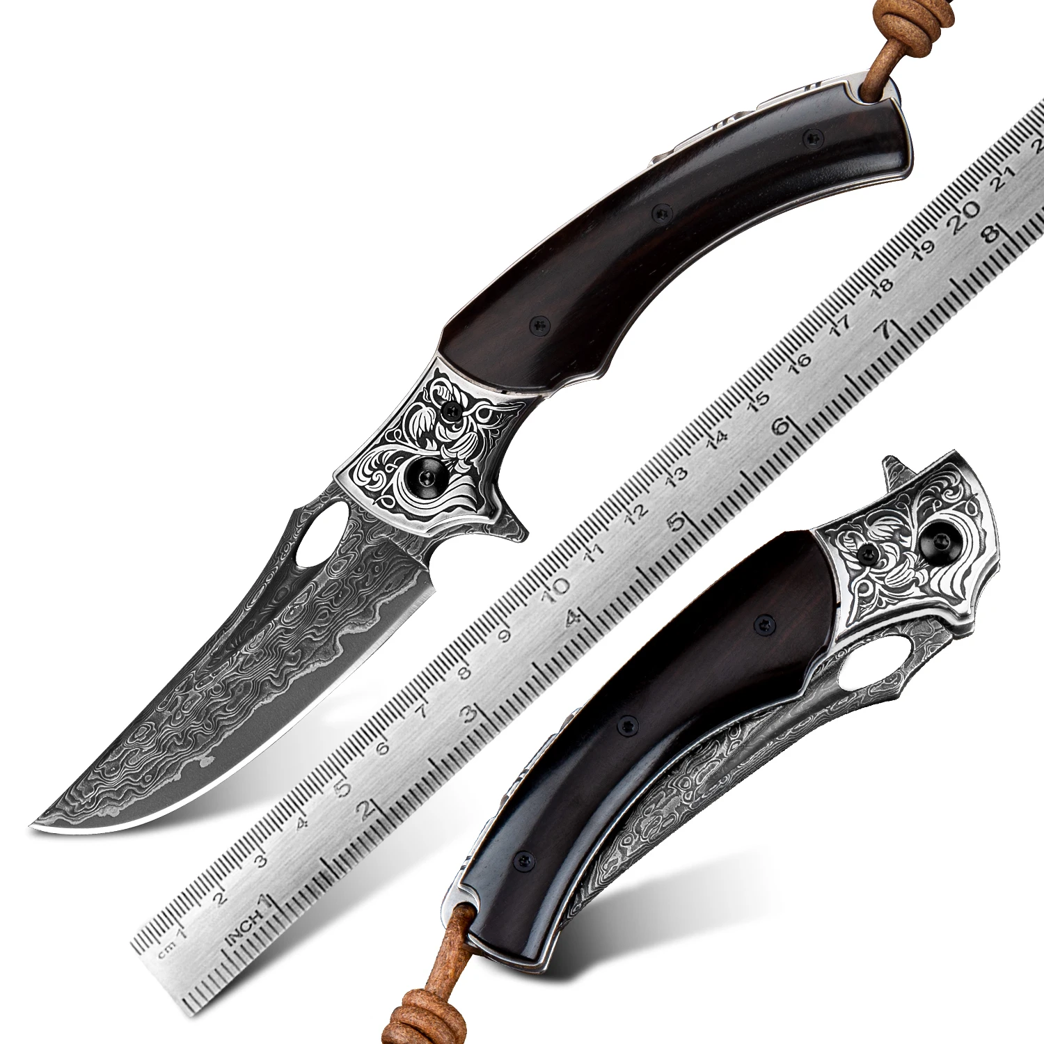 Damascus Steel Blade Ebony Wood Handle Knives for Outdoor Survival Camping Folding Hunting Pocket Knife