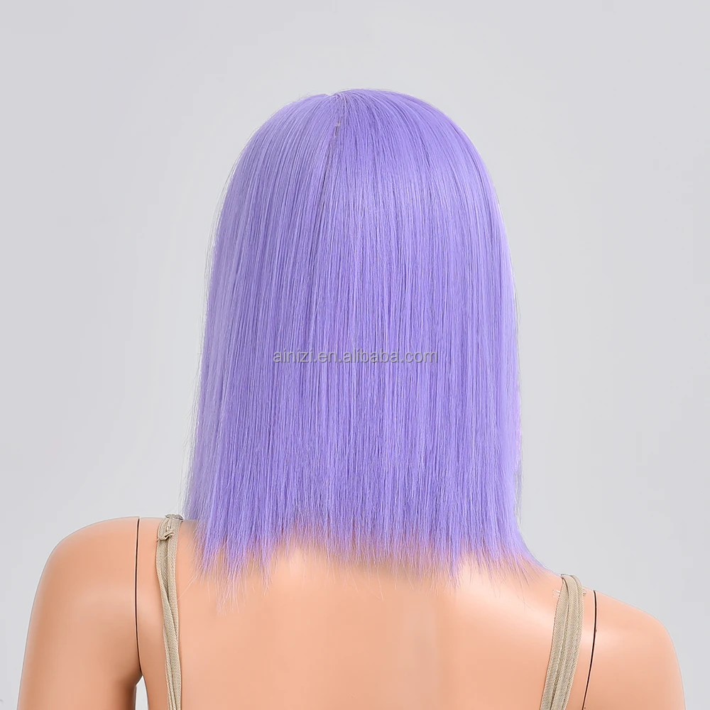 Ainizi wholesale high quality fashionable short bob straight 14' light purple synthetic T part lace front wig for women