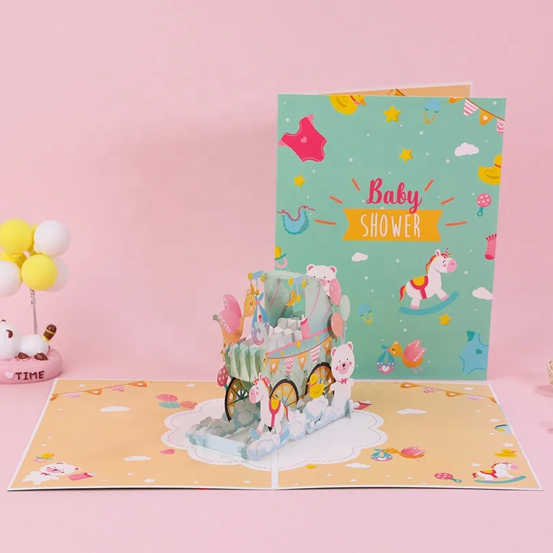 New Special Design 3D Pop Up Card Greeting Unique Art Paper Baby Shower Gift Laser Cut Cards with Envolpe