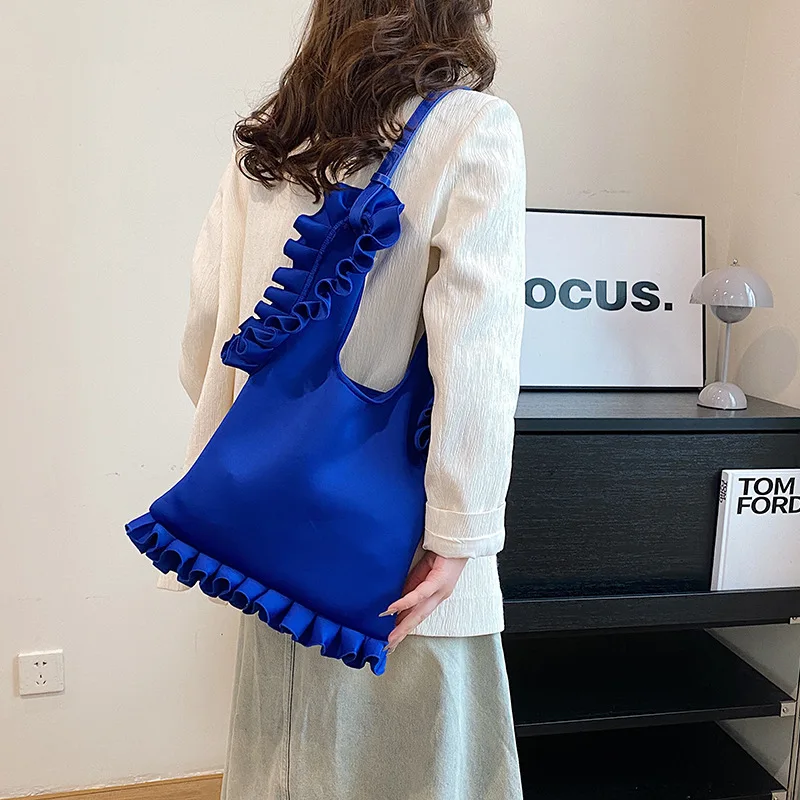 Elegant Ruffles Bucket Bag Ruched Vest Shaped Shoulder Bags Vintage Style Large Capaccity Wristlet Totes Soft Women Handbags