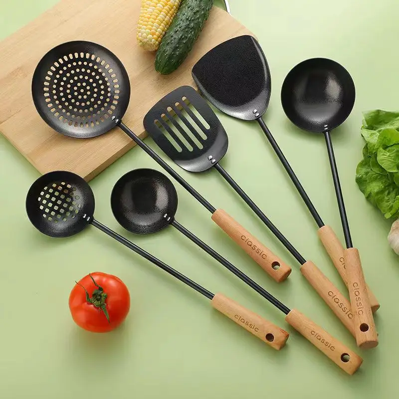 Popular black stainless steel  Kitchen Tools With Wooden Handle kitchen accessories Slotted Turner Spatula Ladle Spoon
