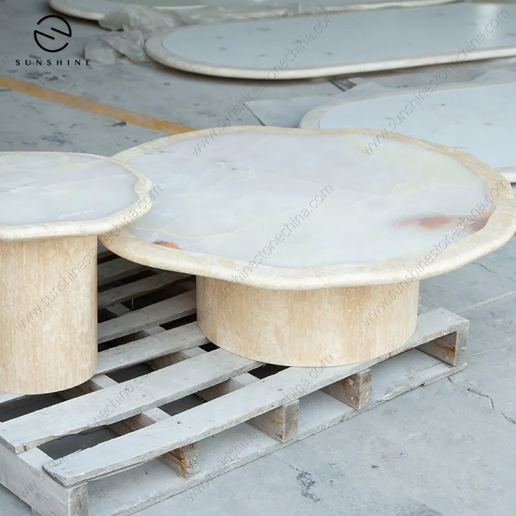 Round Large Modern Nordic Living Room Cloud Travertine Basic Glossy White Onyx Coffee Table Nested Marble
