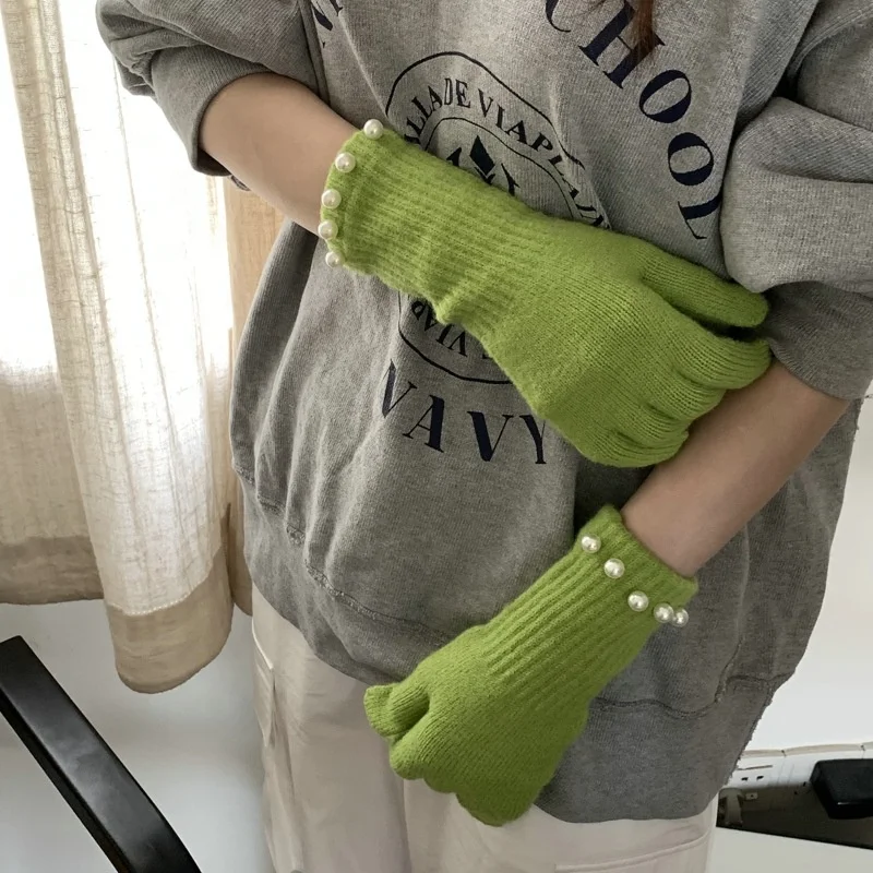 Solid Color Long Arm Knit Touch Screen Leak Finger Pearl Winter Warm Cycling Five-Finger Knitted Gloves