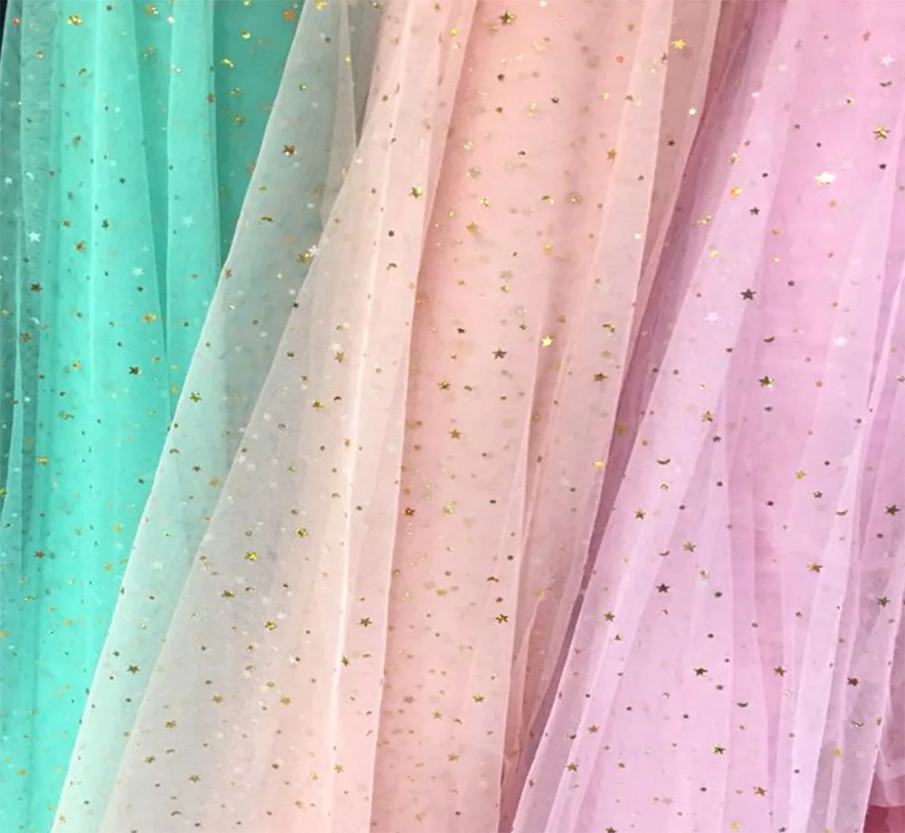Hot selling wholesale high quality 50D 100% polyester printed fabric star mesh fabric Vietnam market wedding dress fabric