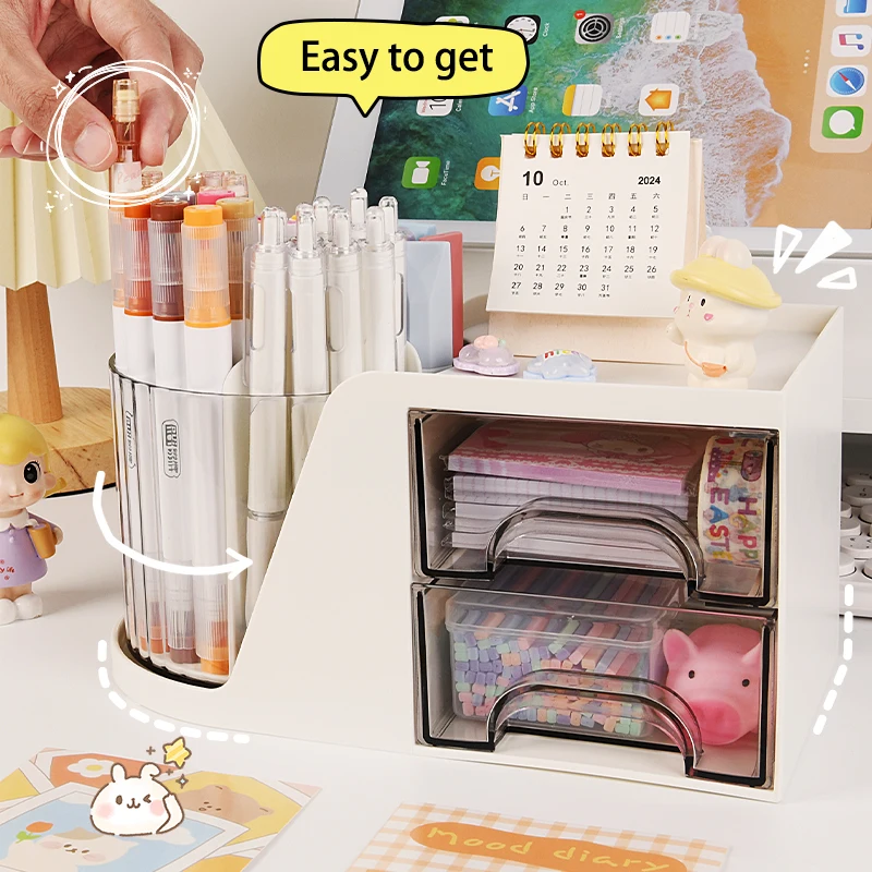 Rotating pen holder large capacity multifunctional office desktop drawer children student storage and organization box