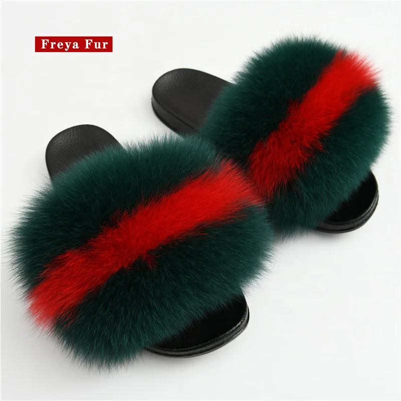 
wholesale women summer colorful faux fur slides luxury lady many colors real fox fur slides 