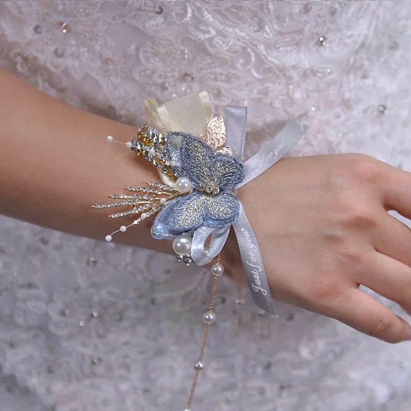 Luxury Butterflies Silk Ribbon Artificial Flowers Bracelet Wedding Accessories Bridal Bridesmaid Corsage Wrist Flower