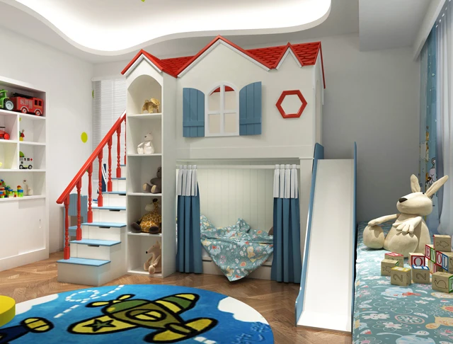 Customizable wooden children bed single bed solid wood cheap bunk bed with slide and ladder cabinets