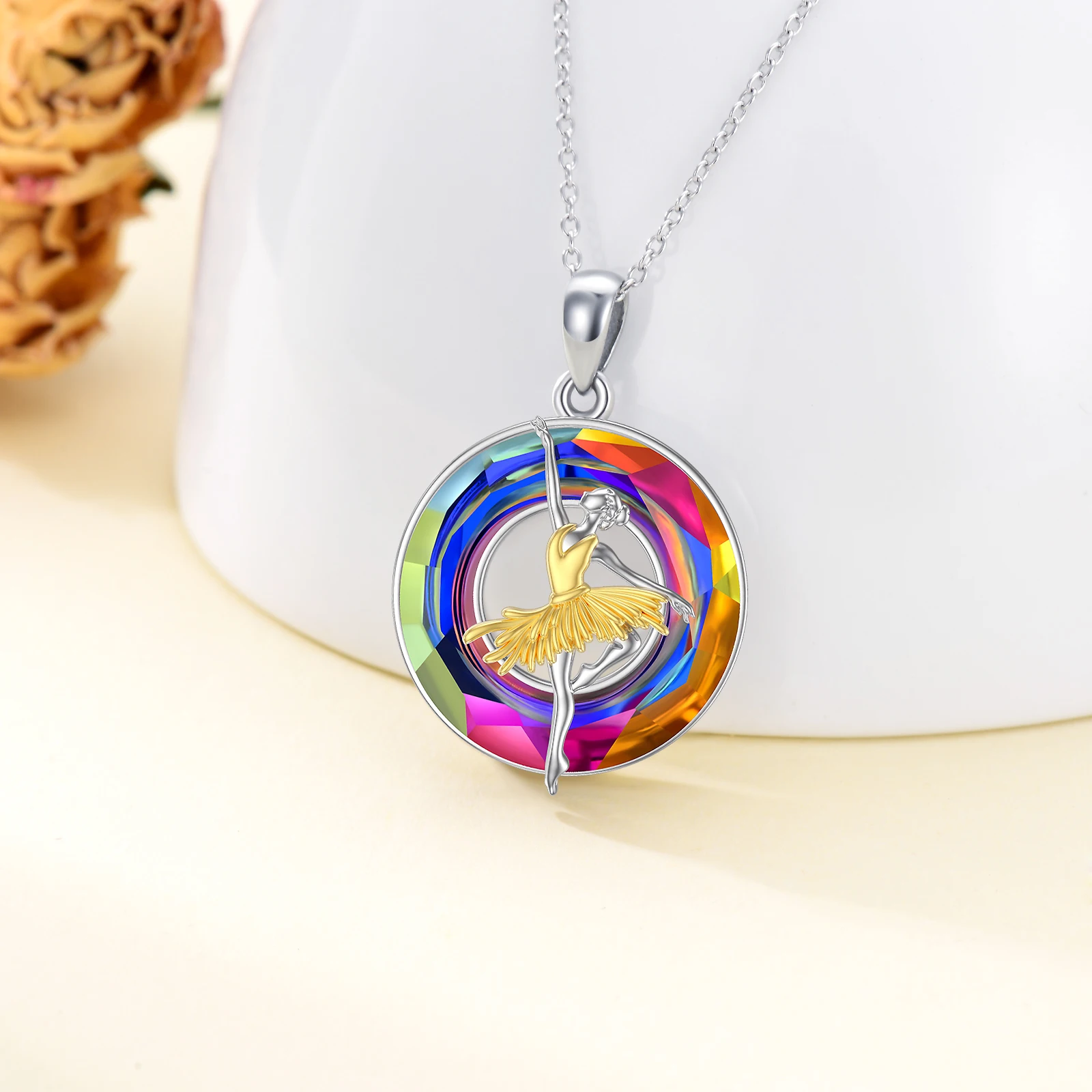 Dancer Lover Jewelry 925 Sterling Silver Two Tone Plated Ballet Dancer Round Crystal Necklace