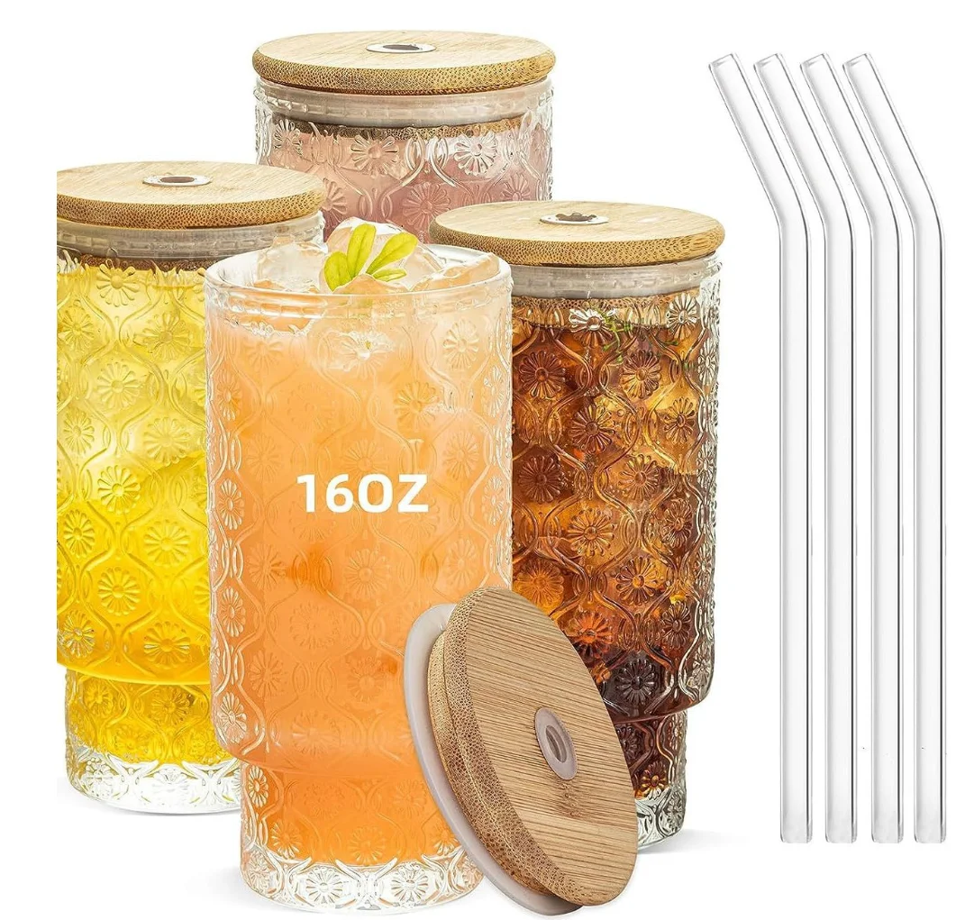 16oz Vintage Embossed Glass Cups Ice American Coffee Cup Stackable Bead Pattern Drinking Glasses