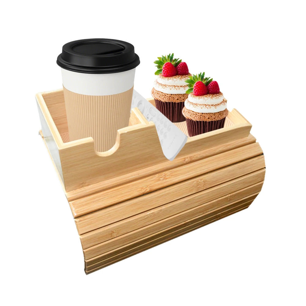 2024 Hot Sell Adjustable Bamboo Wood Sofa Armrest Tray Couch Sofa Arm Tray Table With Wood Detacha Cup Holder For Couch Caddy