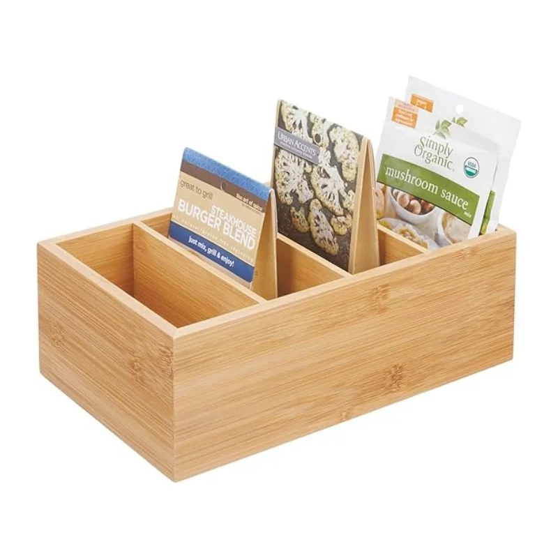 Factory Custom eco-friendly wooden storage Bamboo wood food storage box with 4 separate storage spice bags, small bags