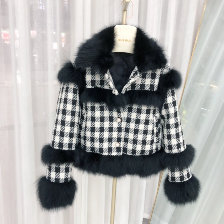 HOT SALE rove clothes fashion design turn down collar fur cuffs down jacket 100% Wool cashmere Coat with fox fur