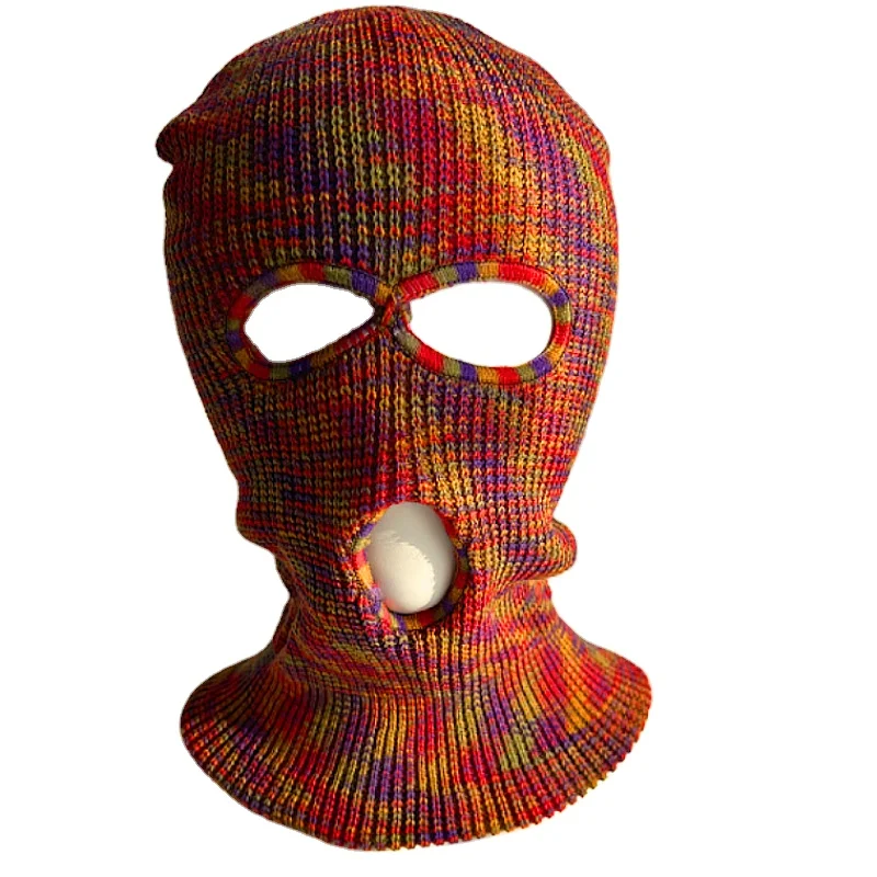 Wholesale Fashion Winter Keep Warm Knitted Beanie Hats Custom Logo Mask Full Face camouflage Stripe Three Hole cycling Balaclava