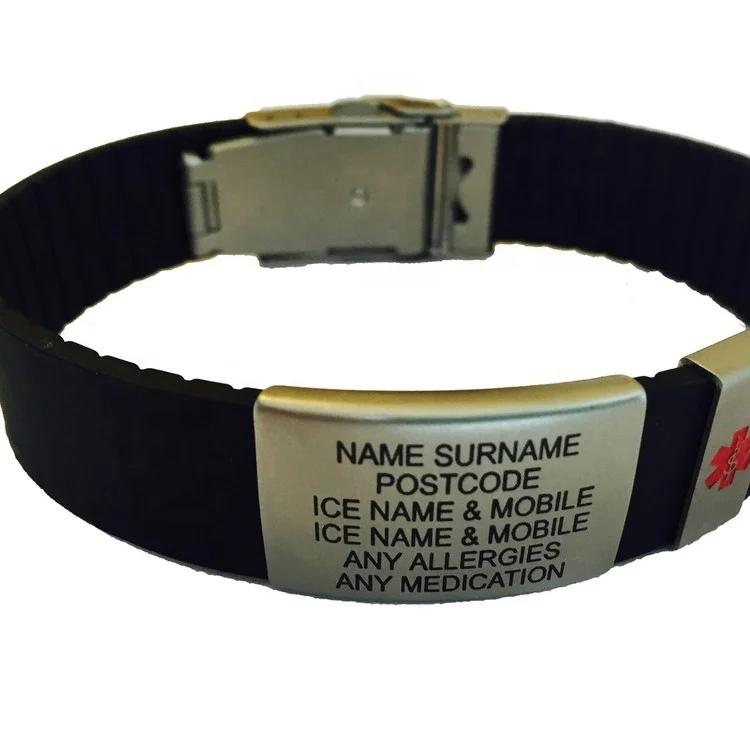 Hot products Adjustable Id Silicone Bracelet Medical Alert ID Wristband Bracelet With Stainless Plate And Clasp