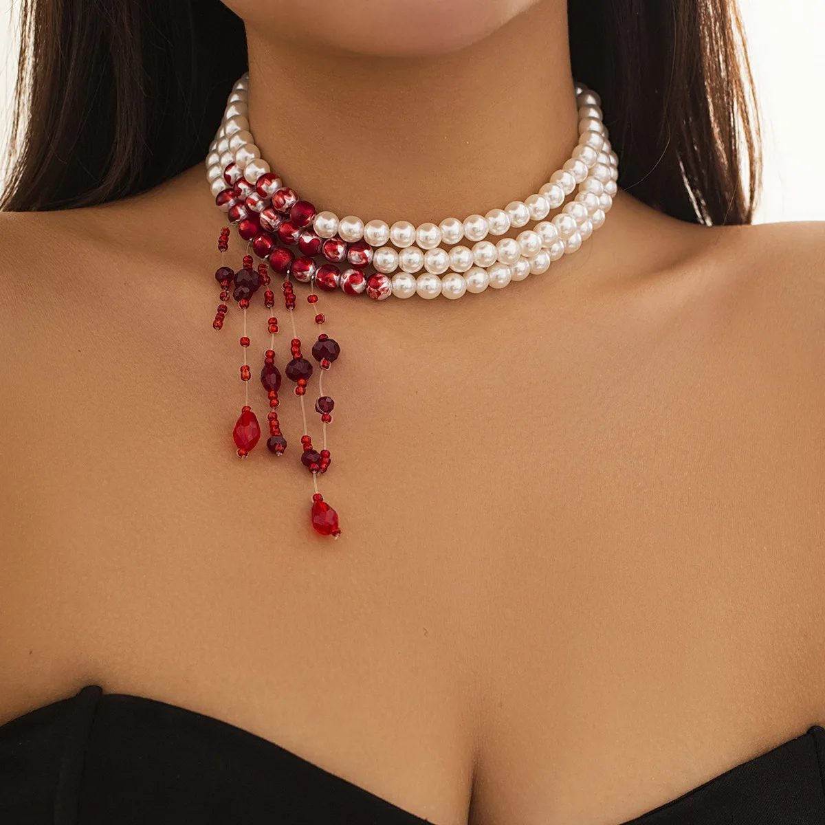 Vintage Red Blood Pattern Tassel Pendant Necklace Women Multilayer Imitation Pearl Crystal Bead Chain Gothic Style Party