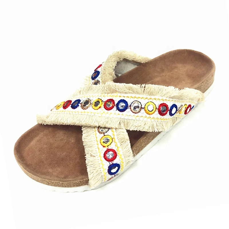 New Arrival Fancy and Fashion Denim Fringes Tassels Cross Straps Women Sandals with bling bling decoration