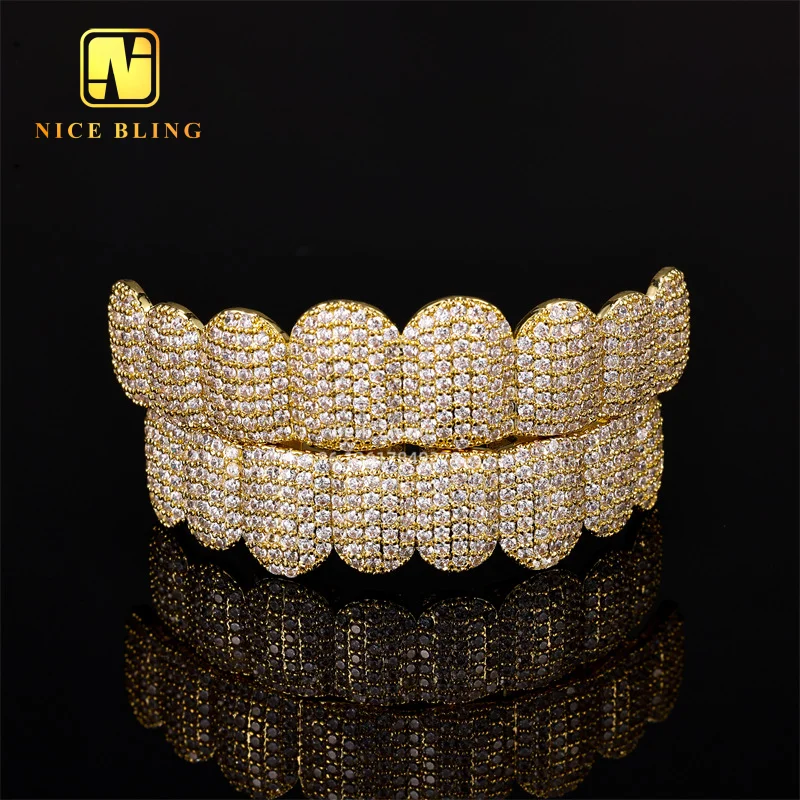 Iced Out Jewelry Custom Hip Hop Grillz Fashion 18K Gold Plated Brass Jewelry Bling Zircon Diamond Teeth For Men
