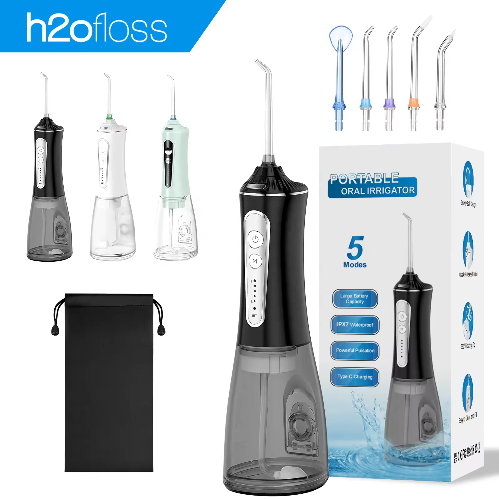 H2ofloss HF-P11 Water Flosser 2000mAh Type-C Rechargeable Oral Irrigator 300ML Electric Oral Flusher IPX7 Oral Teeth Cleaner